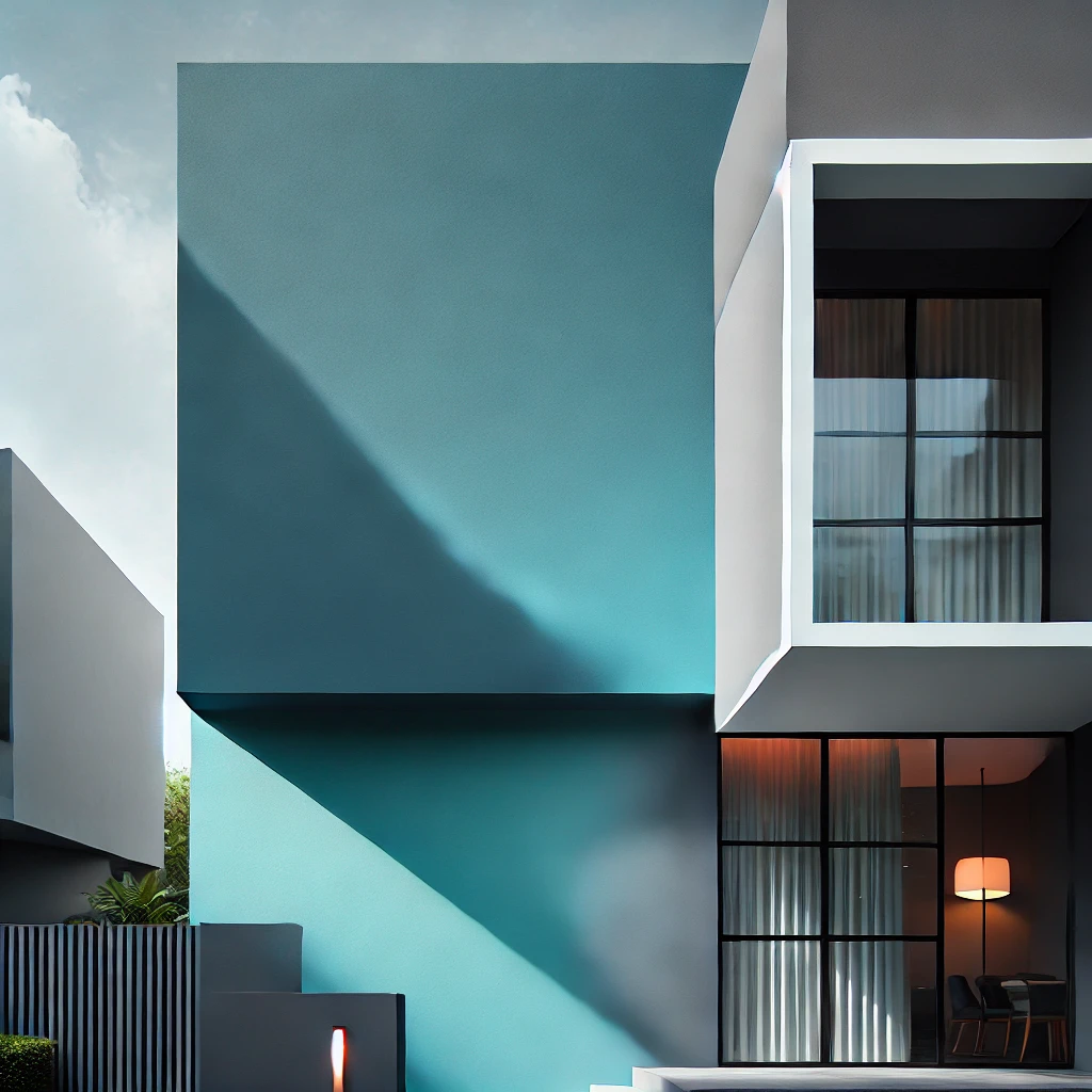DALL·E 2025-02-14 11.57.07 - A modern house exterior showcasing a freshly painted wall in a vibrant color. The texture of the paint is smooth, and the house has a sleek contempora exterior wall paint